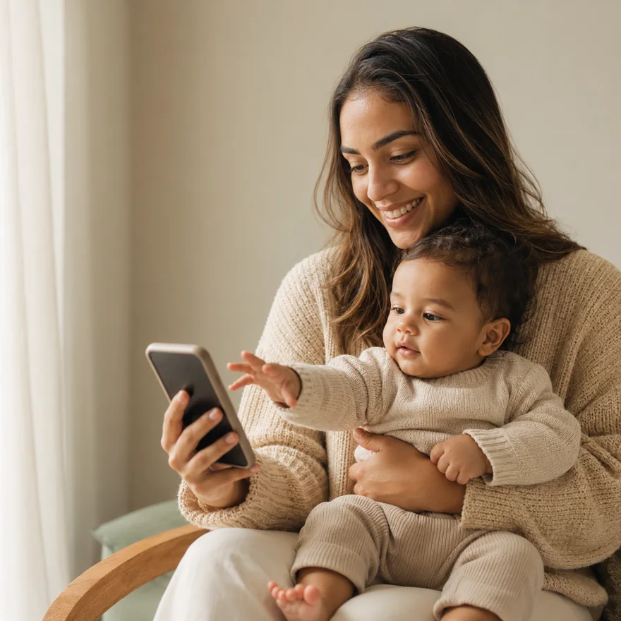 Mãe olhando ofertas no celular com o bebê no colo